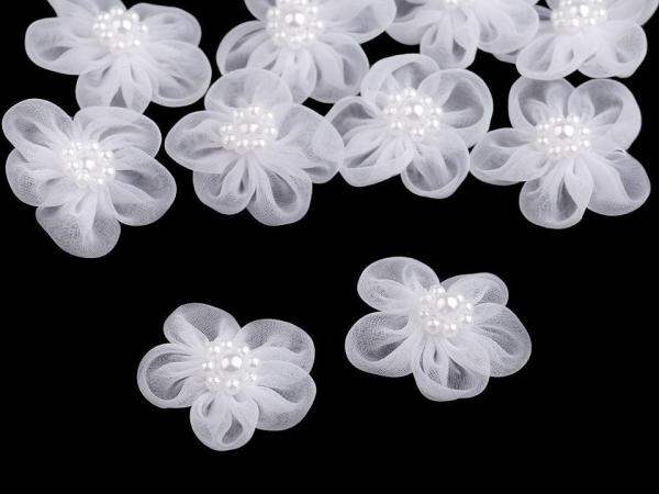 Organza Blüte mit Perlen Ø 25 - 30 mm Weiß